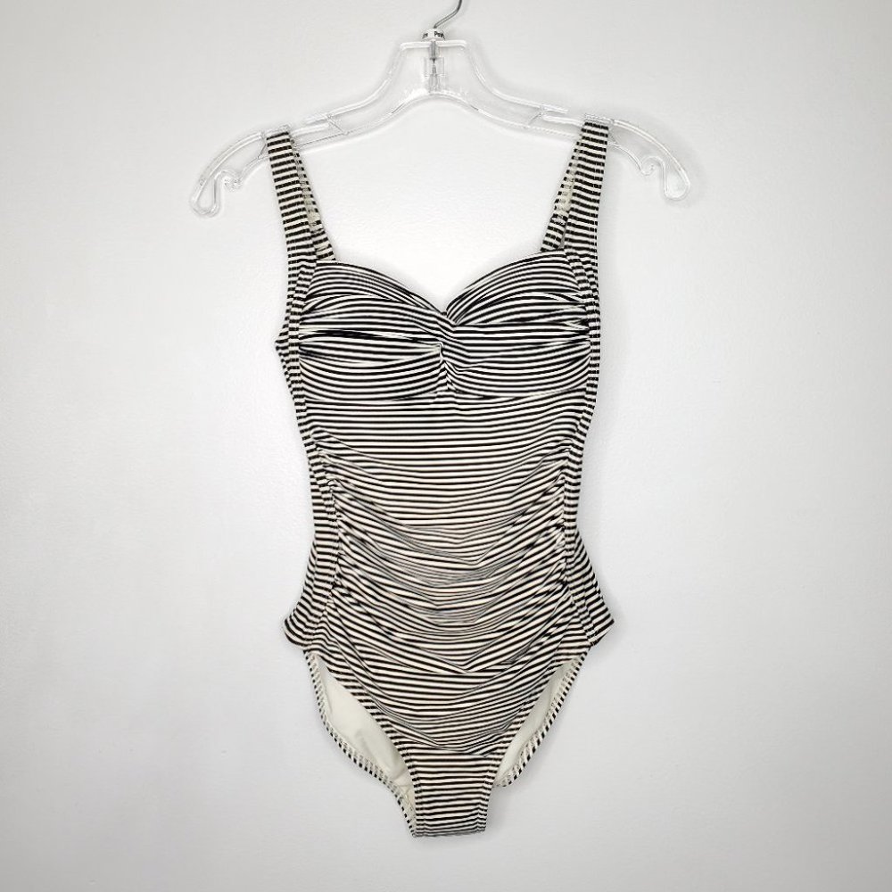 Niptuck Swim One Piece Swimsuit Multi Fit Cup Black Cream Striped NWOT Size 4